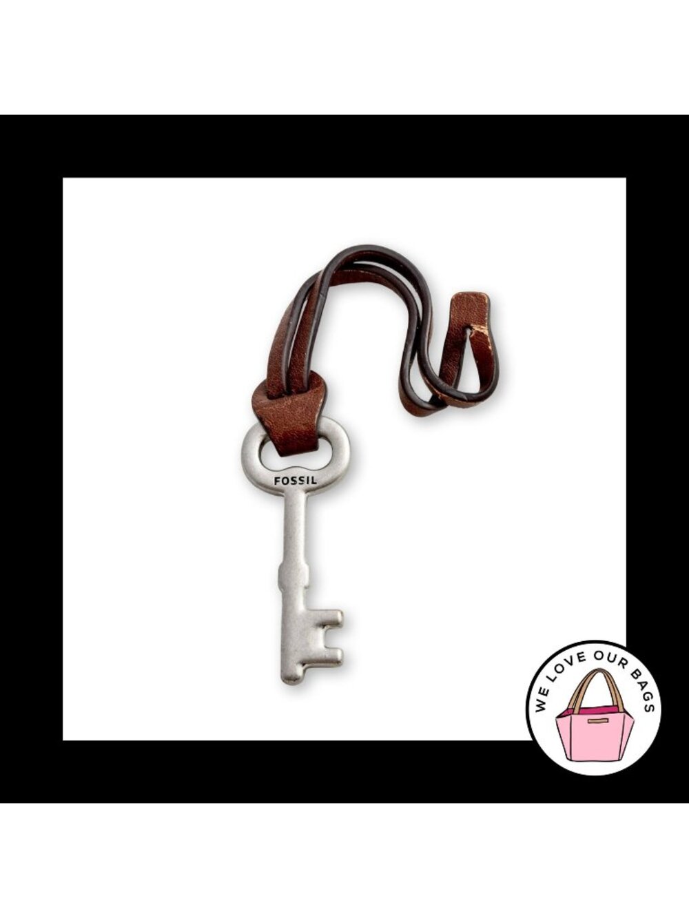 FOSSIL KEY Silver Nickel Brown Leather Strap Bag Charm Hang Tag Keychain Fob